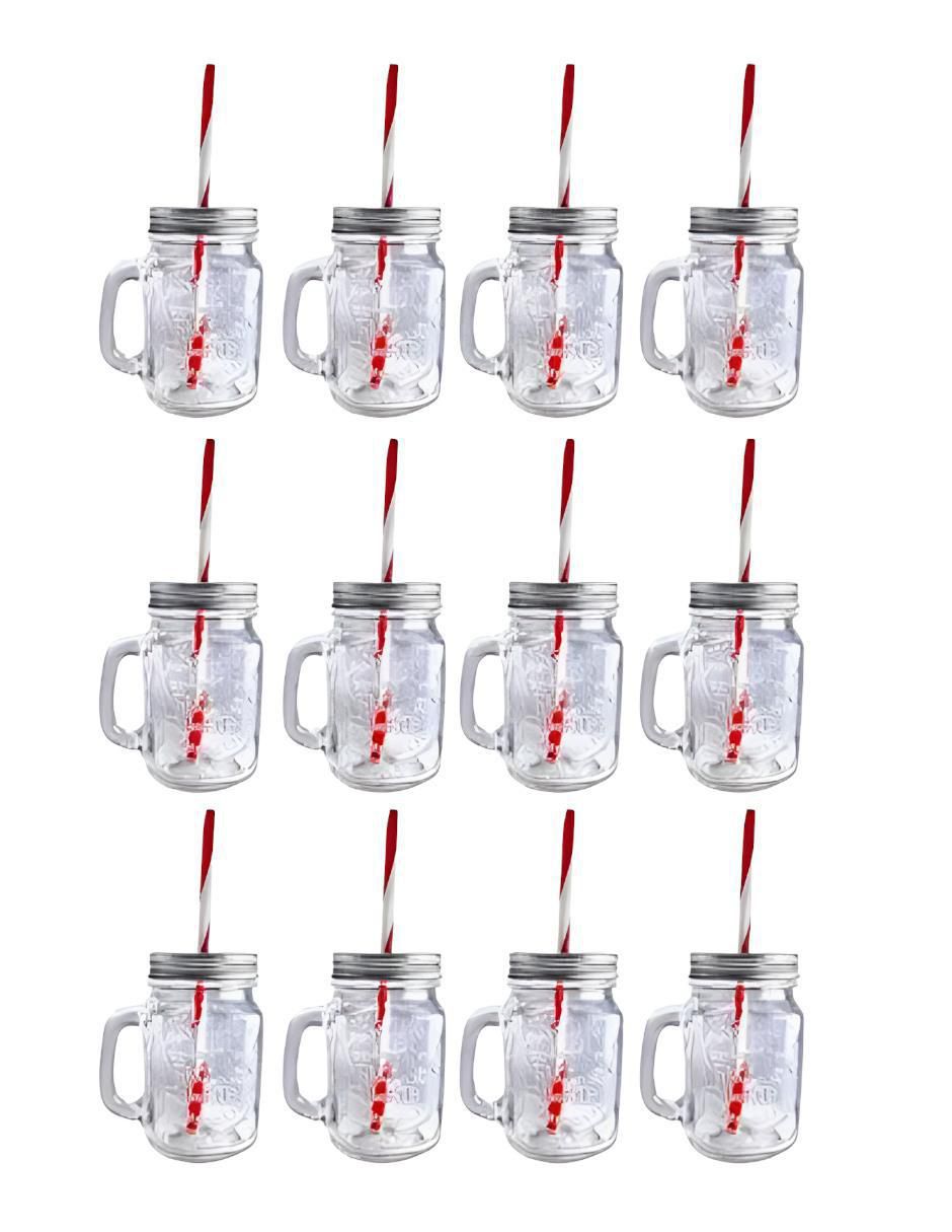Set de vasos con tapa y popote de vidrio con 12 piezas Set de vasos con tapa y popote de vidrio con 12 piezas