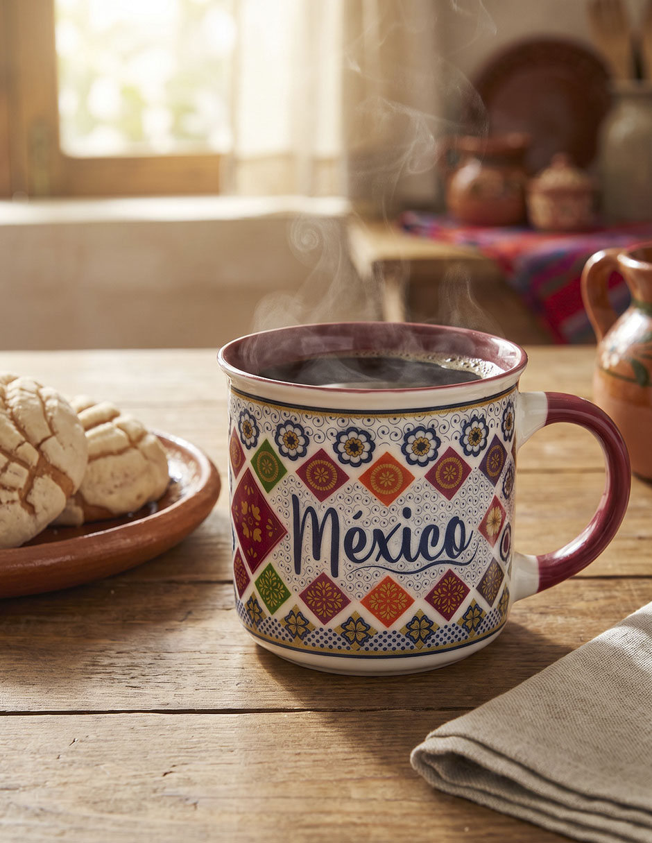Taza redonda méxico de porcelana maki home tipo talavera méxico 320 ml con asa y filo dorado 2